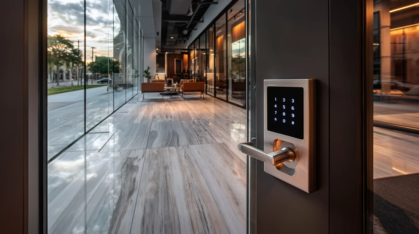 Modern keycard access control panel installed at commercial office building glass entrance