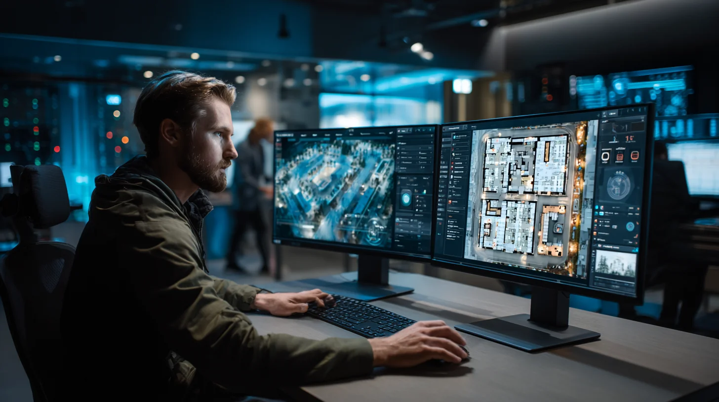 IT technician configuring cloud-based commercial access control system dashboard with building floor plan