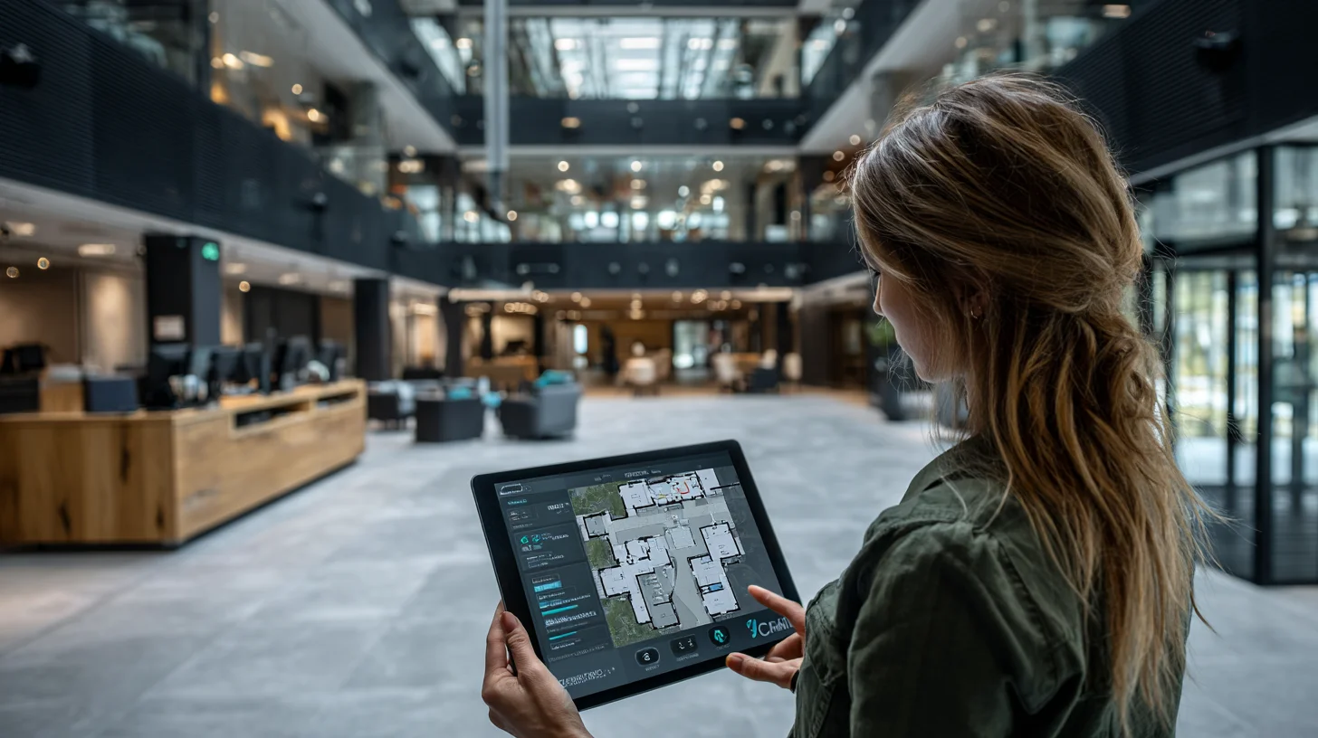 Facility manager reviewing access control system permissions on tablet inside commercial building lobby
