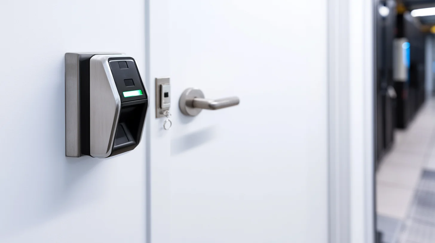 Biometric fingerprint and keycard access control readers mounted beside secure server room door