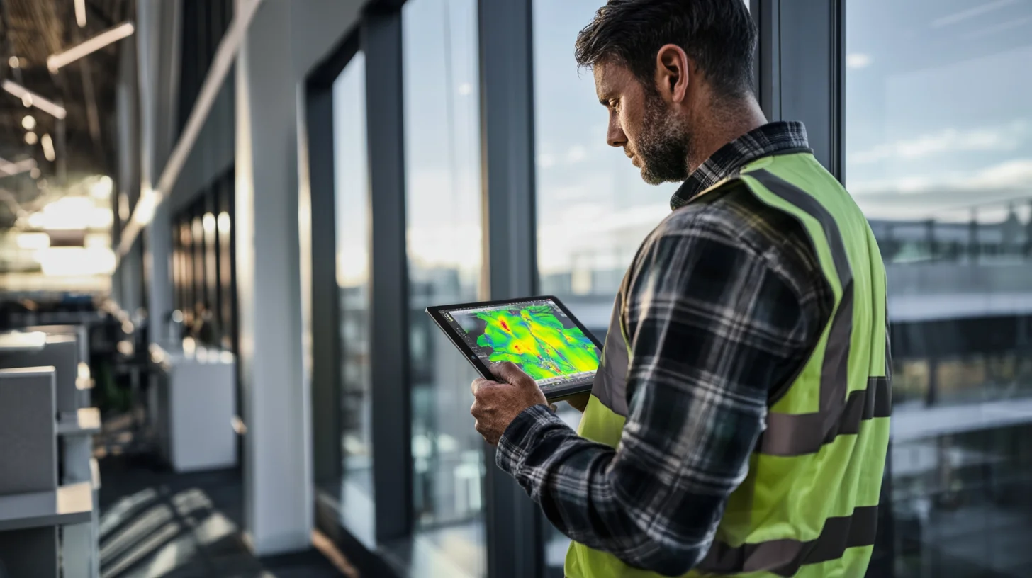 Network engineer conducting a commercial Wi-Fi site survey using heat mapping software in a large office building