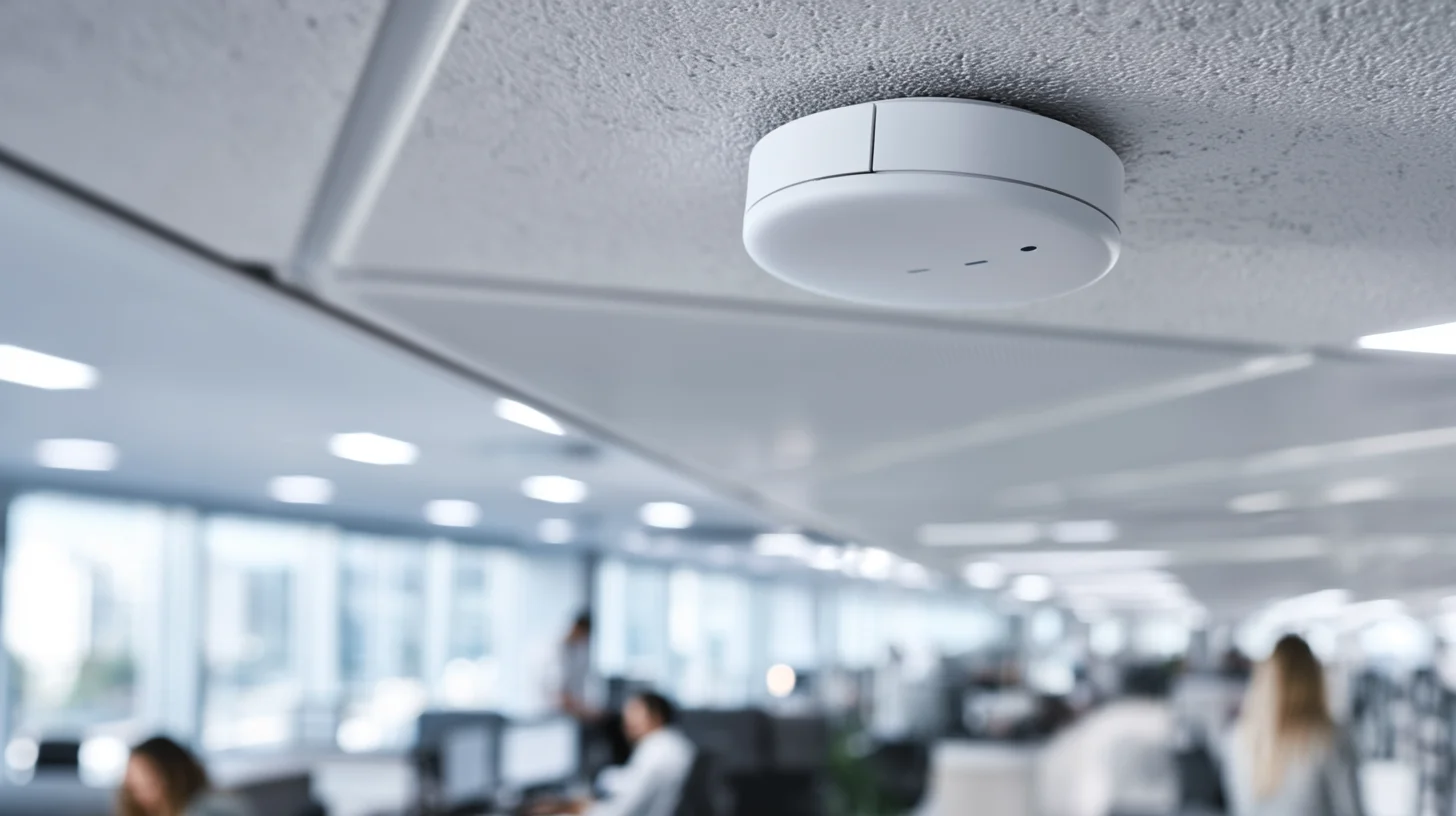 Commercial wireless access point mounted on office ceiling showing proper placement for enterprise Wi-Fi coverage