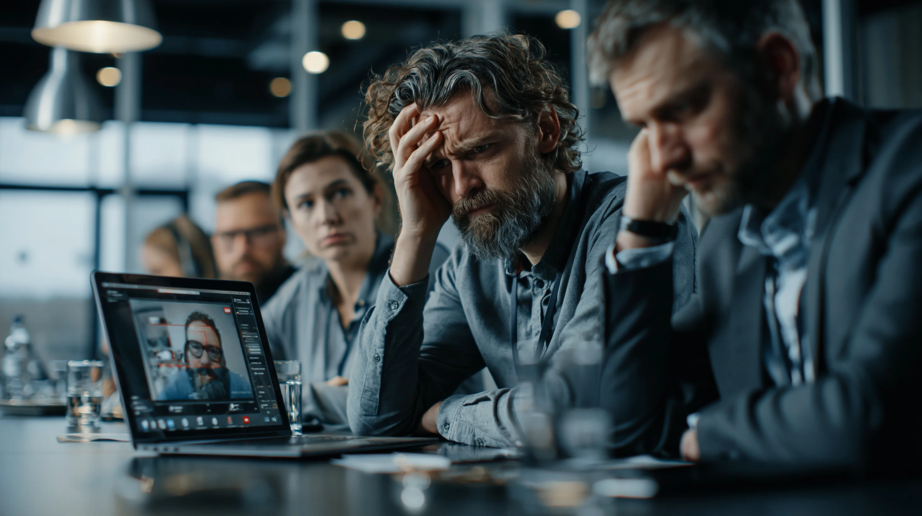 Office workers experiencing Wi-Fi dead zone and connectivity failure in commercial conference room