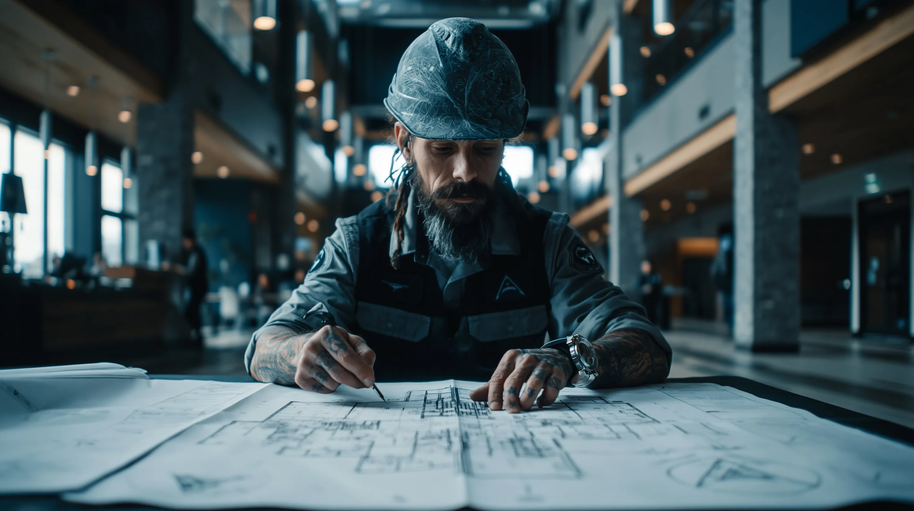 Network technician reviewing enterprise Wi-Fi floor plan and access point placement diagram for commercial building deployment