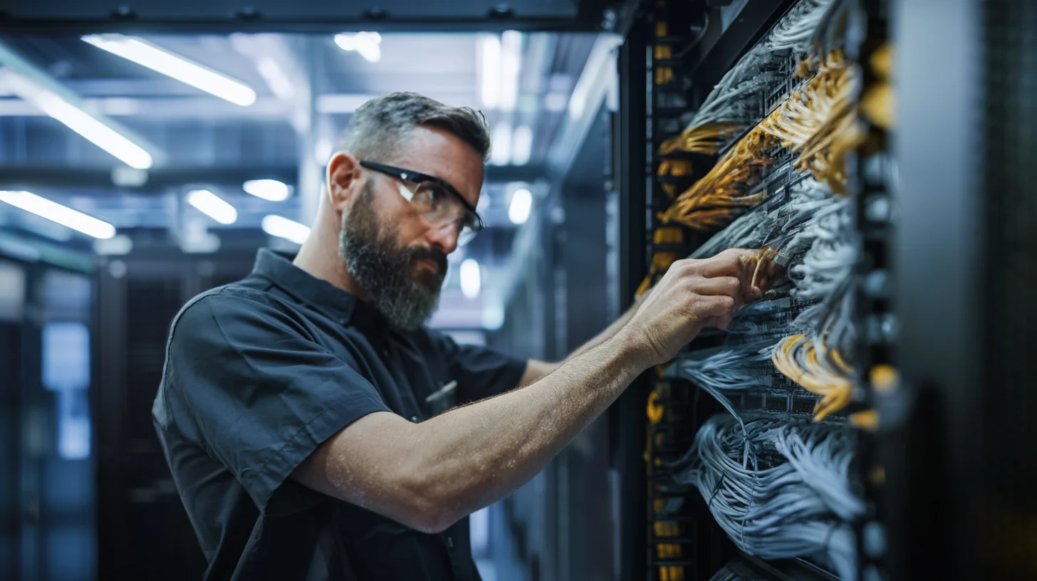 Commercial structured cabling installation in server room with organized patch panel and cable management