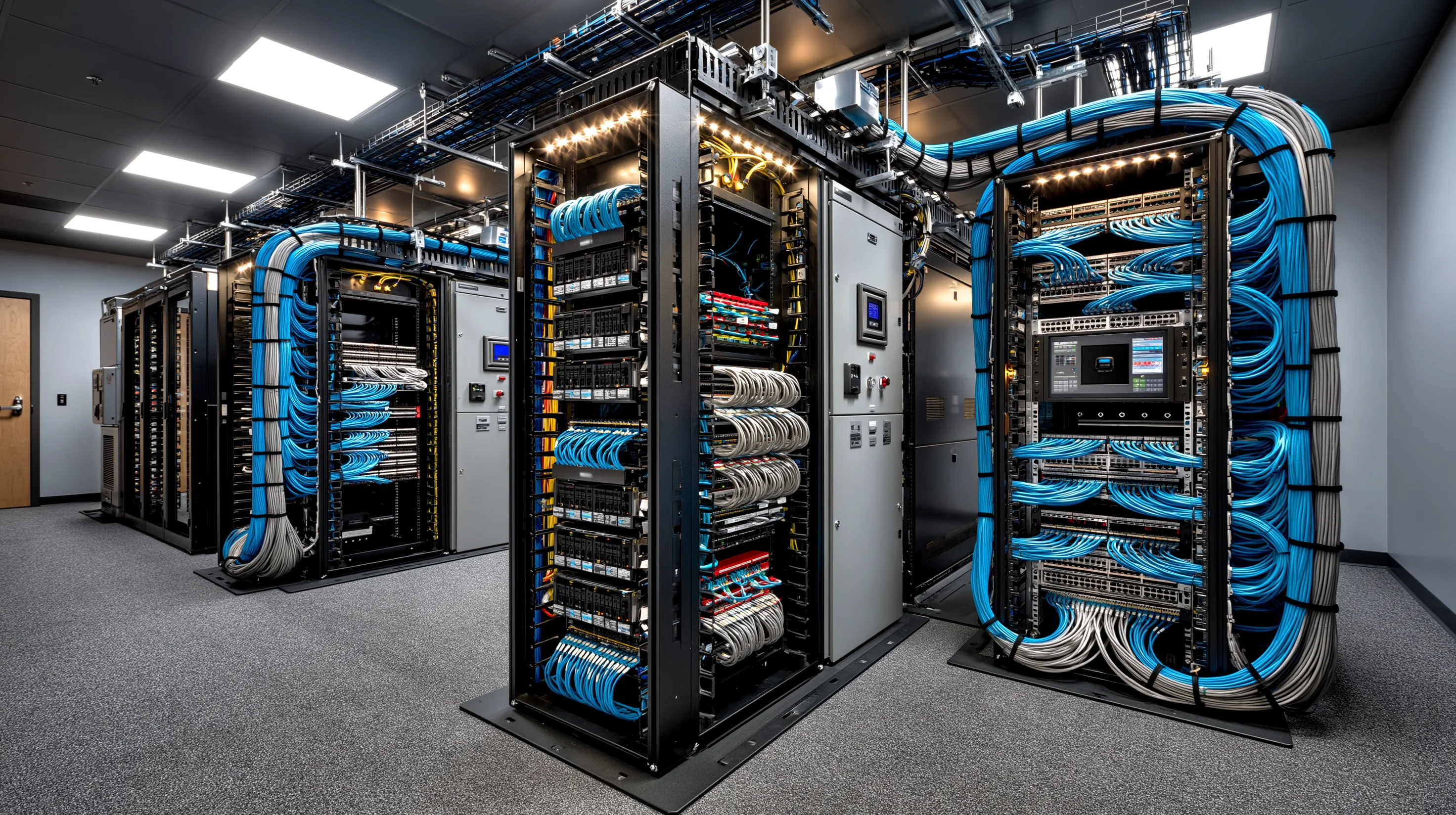 Organized telecommunications room with network racks and structured cabling patch panels
