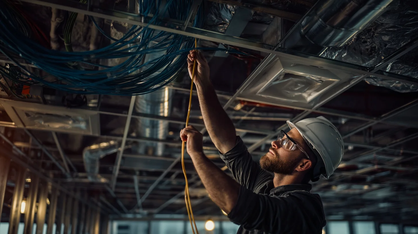 Low-voltage technician pulling structured cabling through open commercial office ceiling during installation