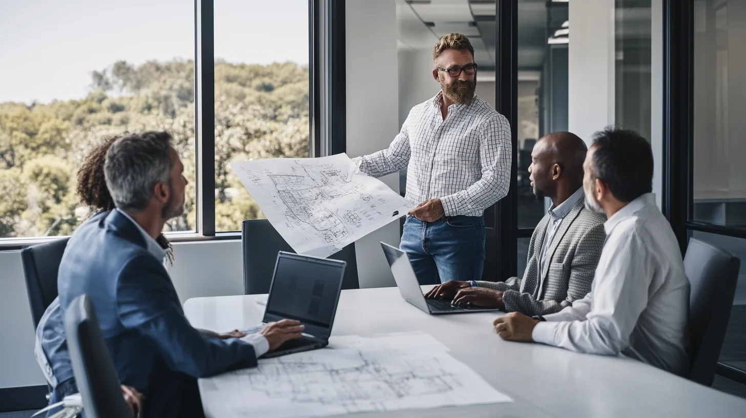 Low-voltage contractor presenting structured cabling proposal to facility manager and IT director