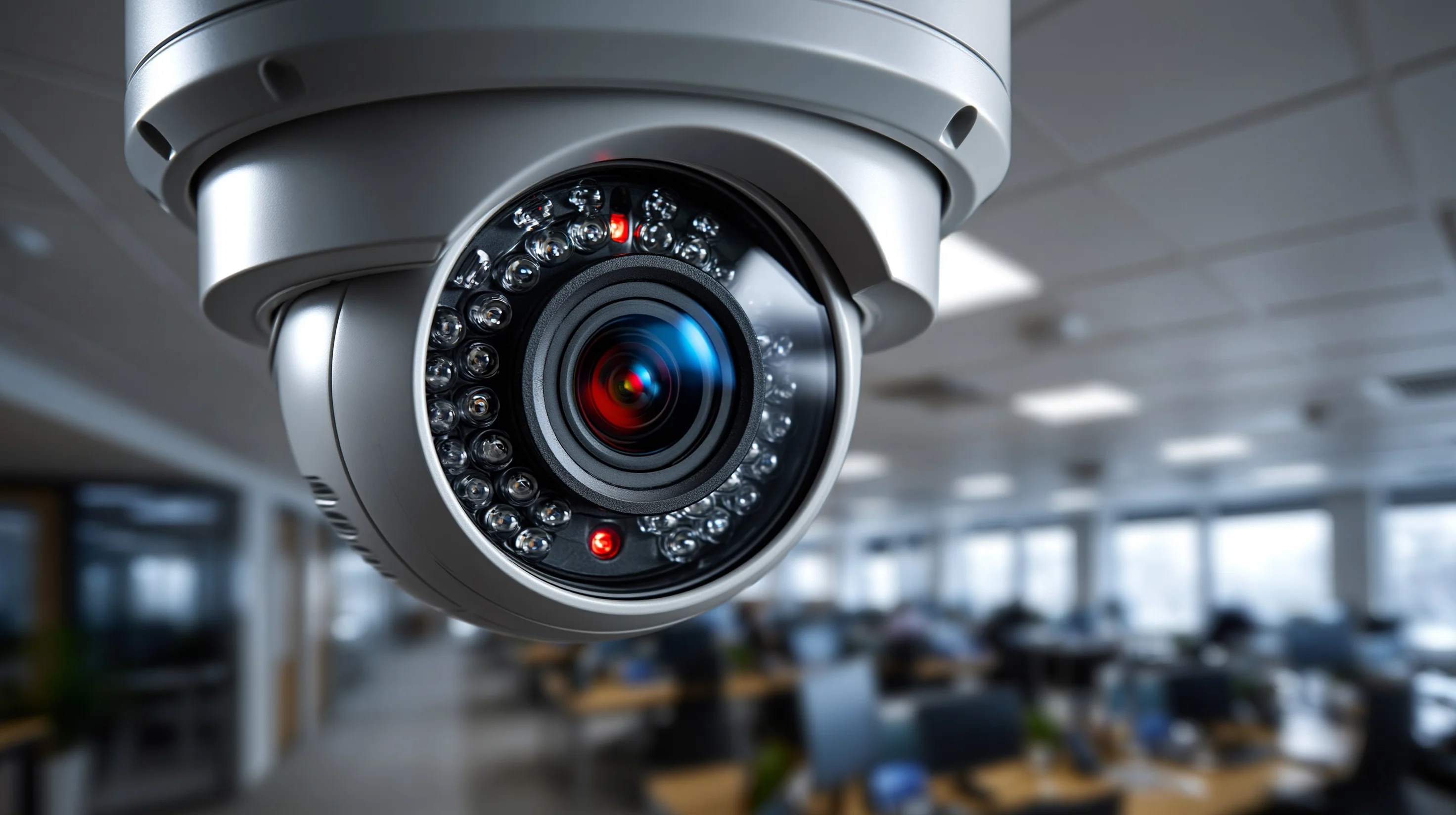 IP security camera mounted on commercial office ceiling showing housing detail and installation quality