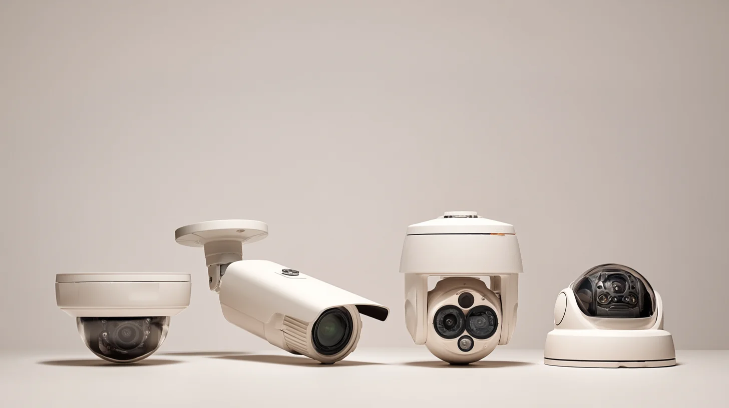 Four types of commercial security cameras compared: dome, bullet, PTZ, and fisheye camera housings