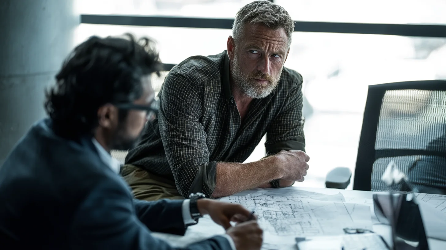 Facility manager reviewing commercial security camera system installation plans with vendor consultant