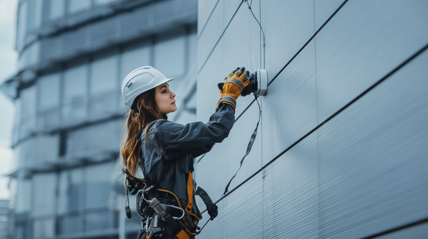Low-voltage technician installing IP security camera on exterior wall of commercial office building